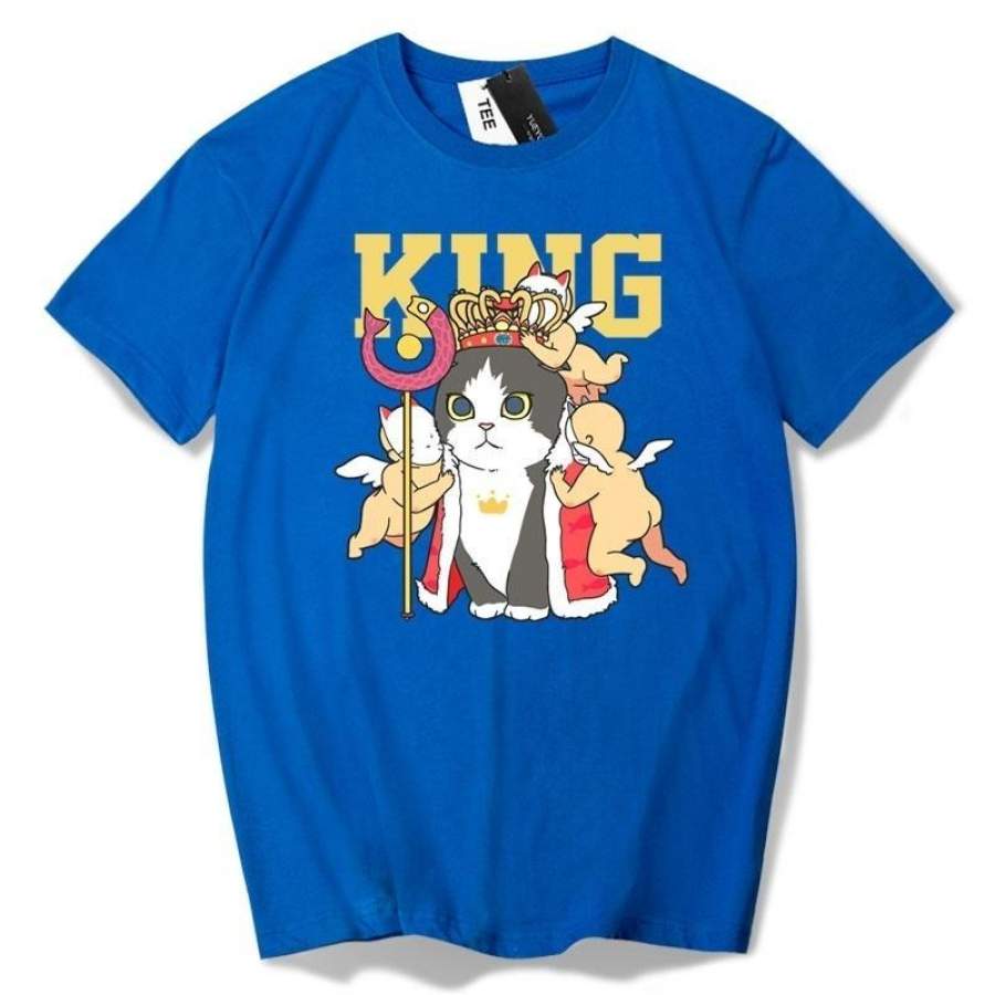 Fashion Mens t shirt Funny King Cat Printed Tee Cotton Shirts  Short Sleeves Shirts Womens Casual Summer Tops Cute Shirts Couples Shirts