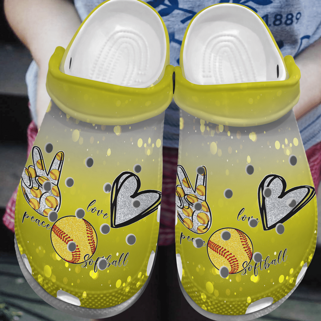 Softball Personalize Clog, Custom Name, Text, Fashion Style For Women, Men, Kid, Print 3D Whitesole Love Peace Softball