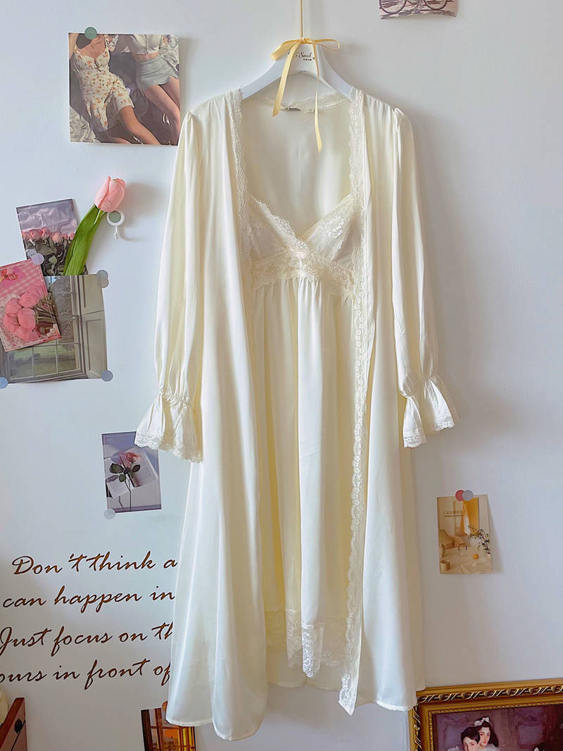 Vintage Female French Style Satin Robe/Nightdress Lady Princess Nightgowns Long Sleeves Lace Pajamas Sleepwear Women’s Clothing alx