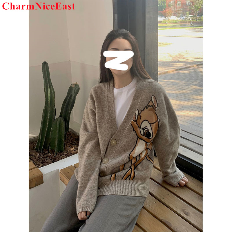 Cardigan Sweater Spring Autumn Clothes Women Oversized Jacket Cartoon Deer Knitted Sweater Preppy Style Harajuku Fashion alx