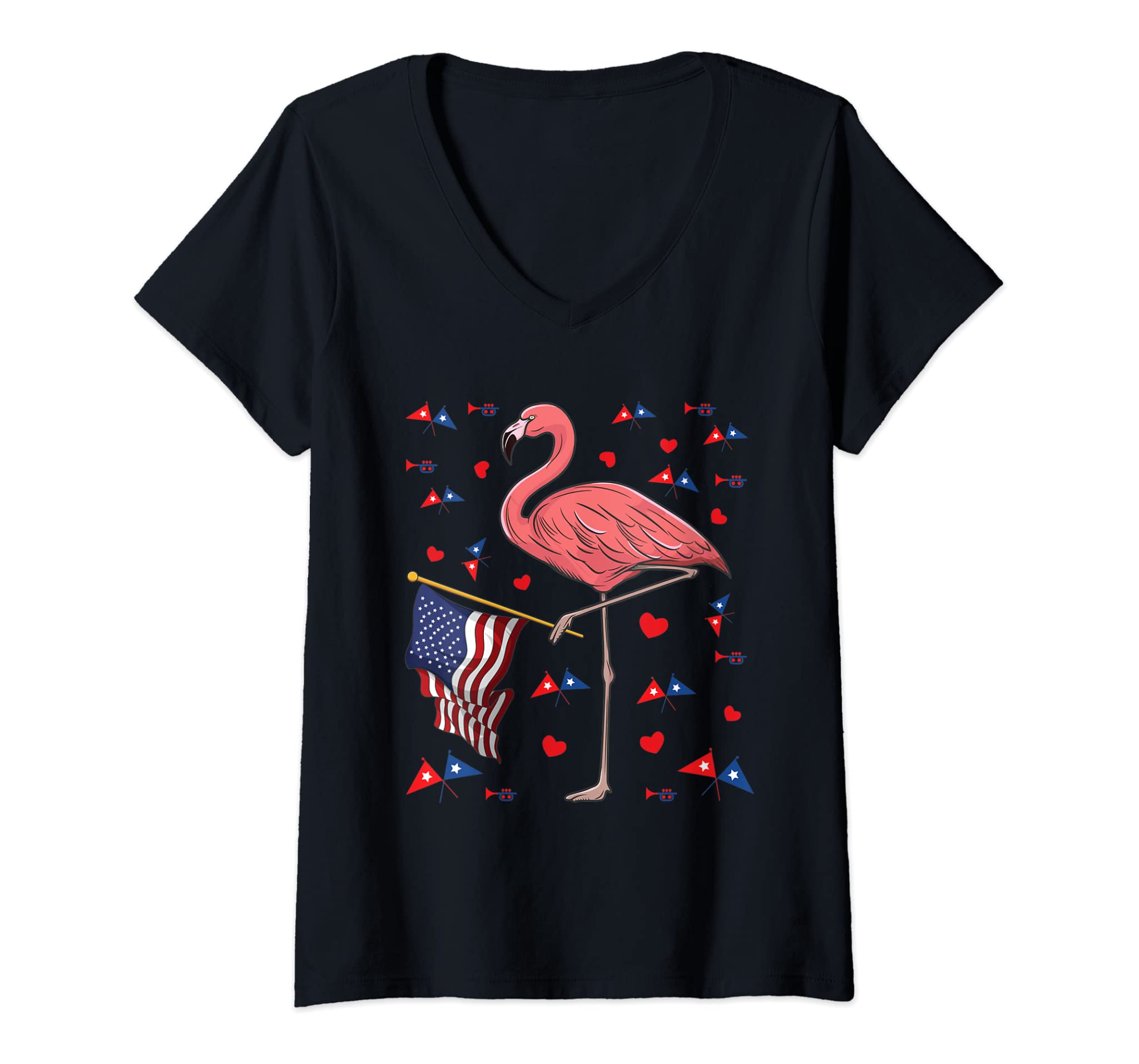 Womens USA Independence Day July 4th American Flag Pink Flamingo V-Neck T-Shirt