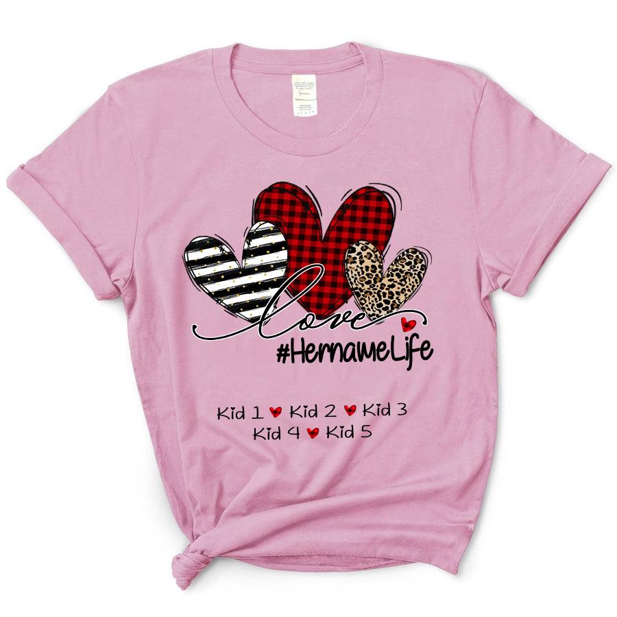 Personalized T-Shirt For Women Love Hashtag Mama Life Stripe Plaid Leopard Heart Custom Kid’S Name