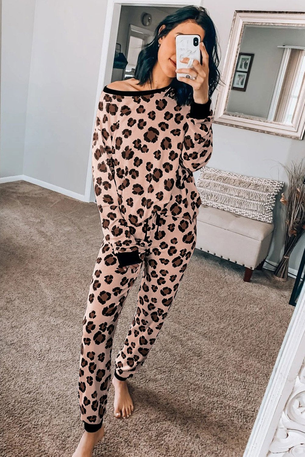 Azura Exchange Pink Leopard Print Long Sleeve Pants Loungewear Set