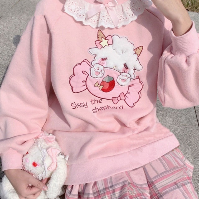 Cute Pink Sweater Jumper With Lace Collar And Kawaii Lamb And Candy Embroidery