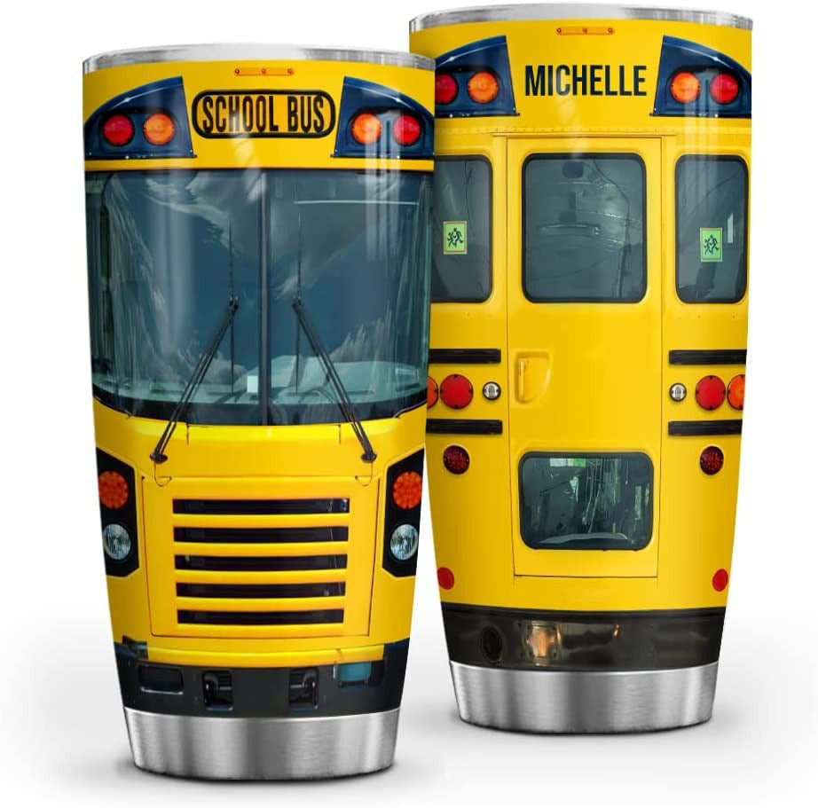 Personalized School Bus Tumbler Cup With Lid 20Oz 30Oz Custom Name Customized Stainless Steel Double Wall Vacuum Tumblers Coffee Travel Mug Cups Birthday Christmas Gifts For Drivers Women Men