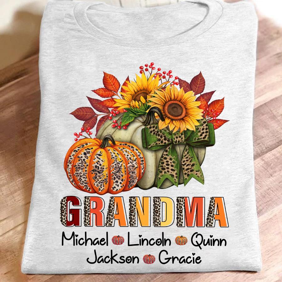 Grandma Pumpkin Autumn Personalized With Grandkids Shirt Gift
