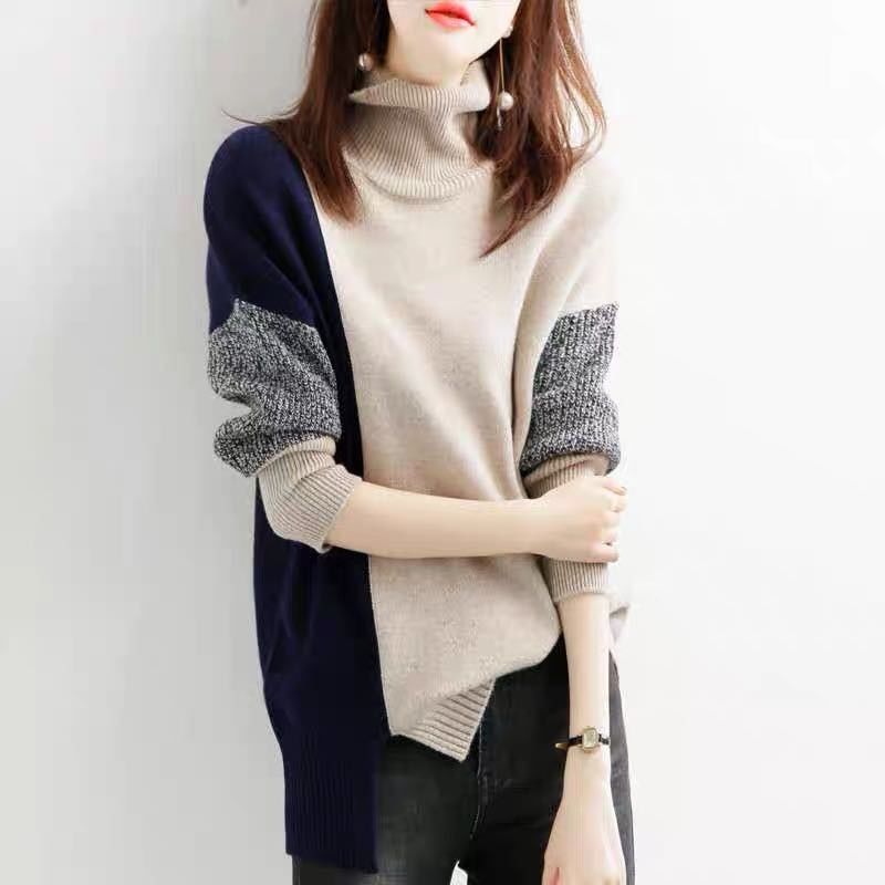 Turtleneck Women’s Sweater Loose Color Block Pullover Thickened Casual Versatile Knitwear Autumn Winter Fashion Women’s Top alx