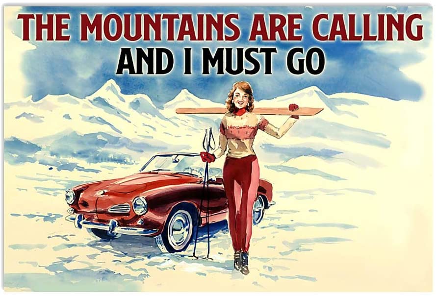 Vintage Girl Skiing The Mountains Are Calling Must Go Poster Art Print      Home Decor Gift For Men Women Family Frd On Birthday Xmas