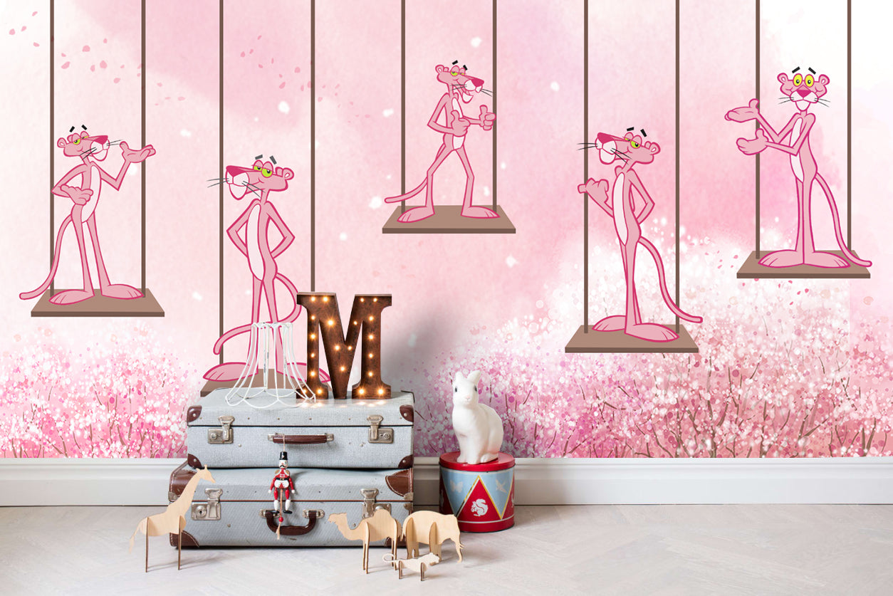 3D Pink Cartoon Leopard Swing Wall Mural Wallpaper 56