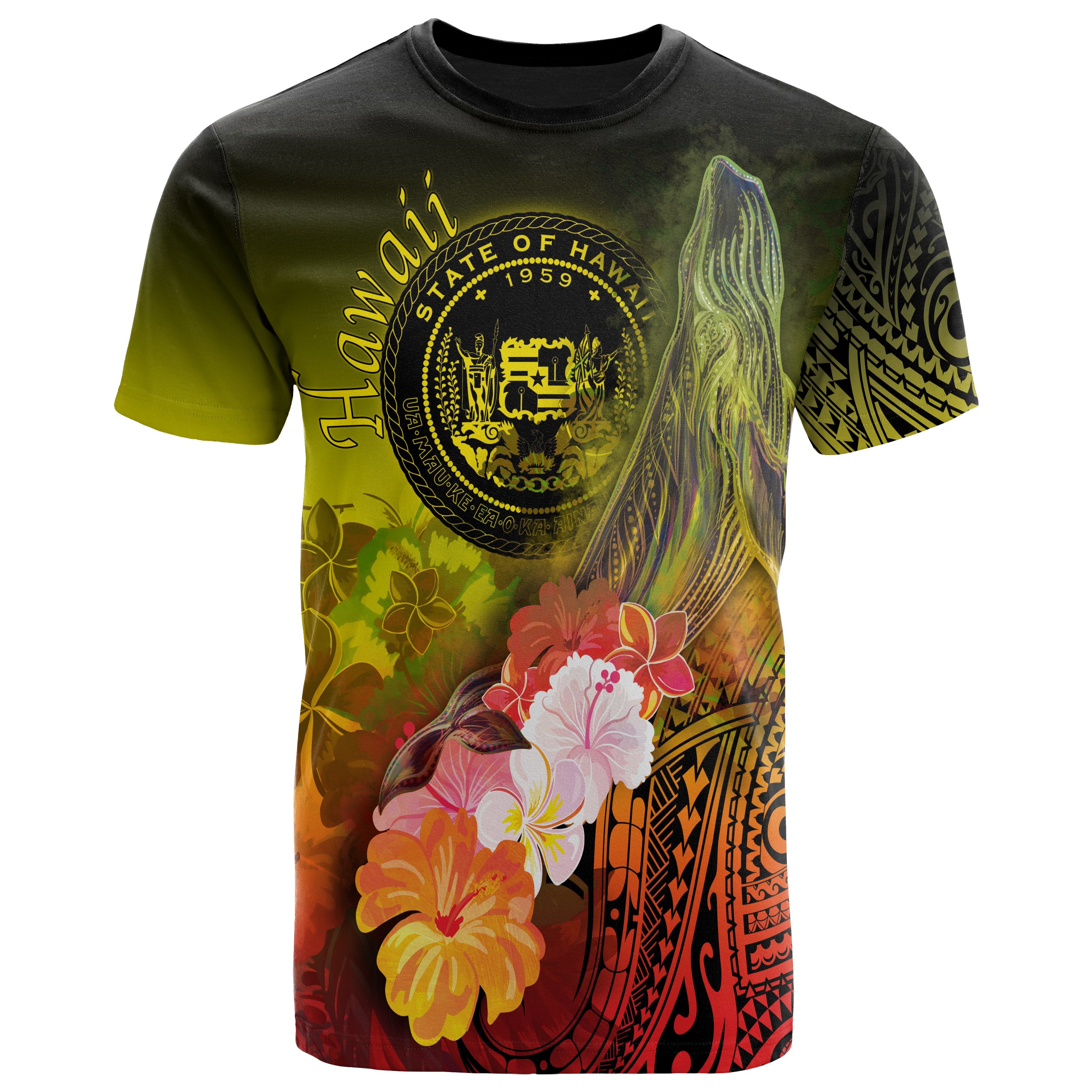 Polynesian Hawaii T-Shirts – Humpback Whale With Tropical Flowers (Yellow)