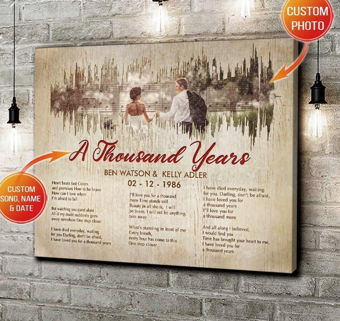 Personalized Photo Upload Name Date Canvas, Poster Music Wave Couple