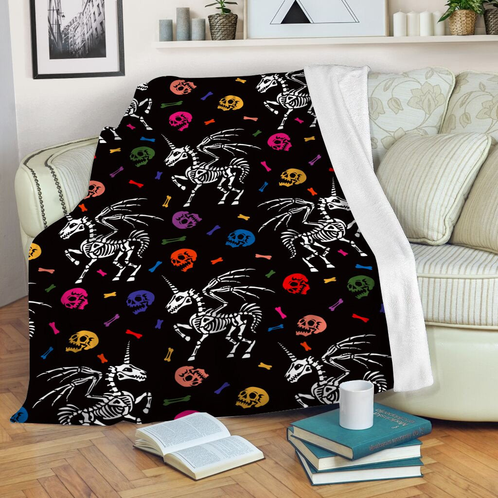 Unicorn Skull Halloween Fleece Blanket, Halloween Gift Blanket