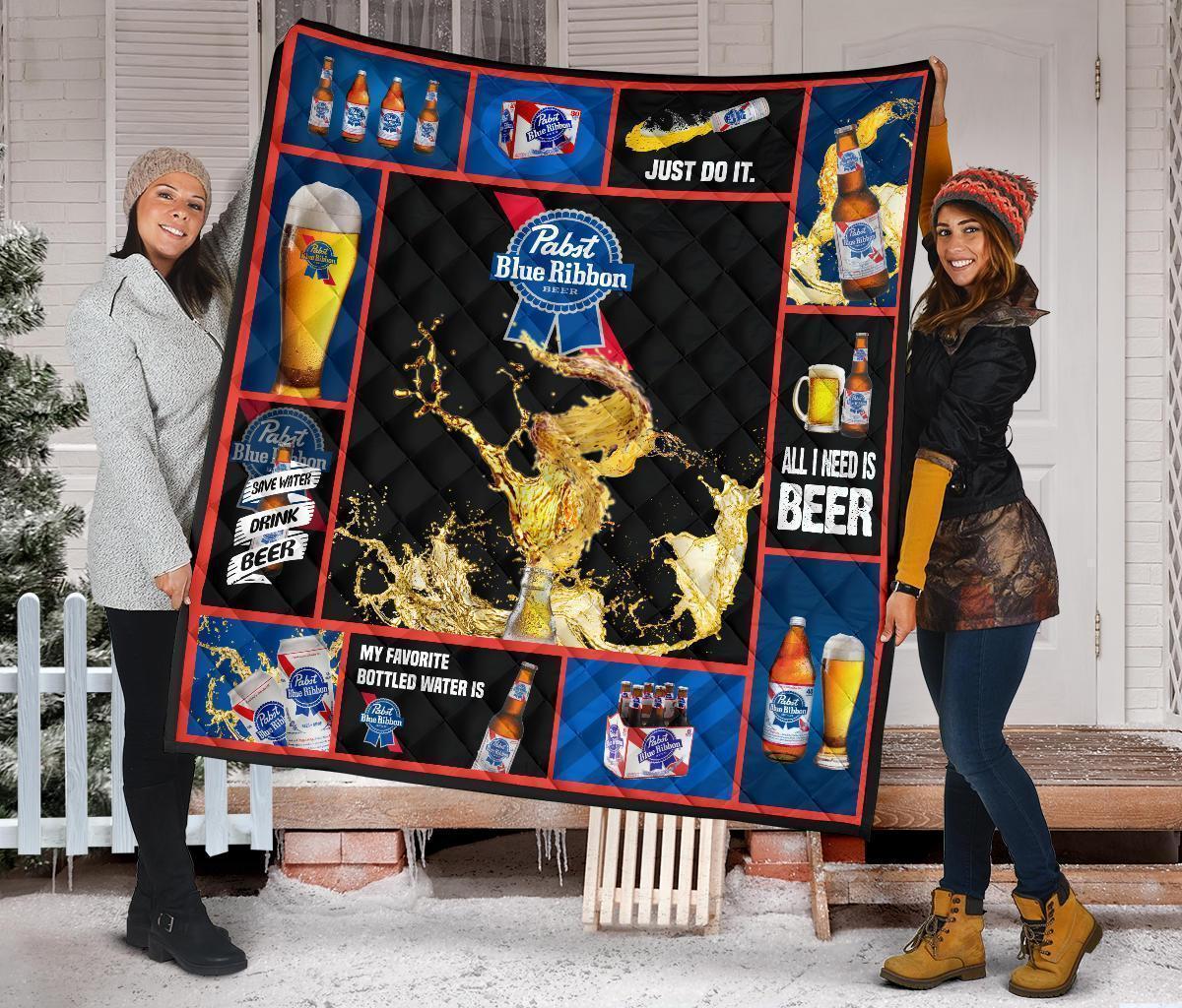 Pabst Blue Ribbon Quilt Blanket All I Need Is Beer Gift Idea