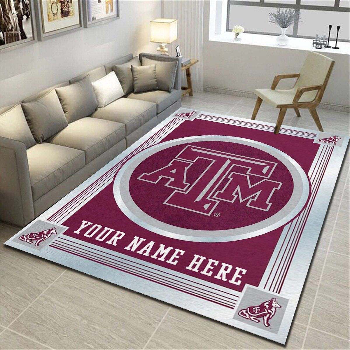 Texas A&M Aggies Personalized Area Rug, Team Living Room Bedroom Carpet, Customized Fan Cave Floor Mat