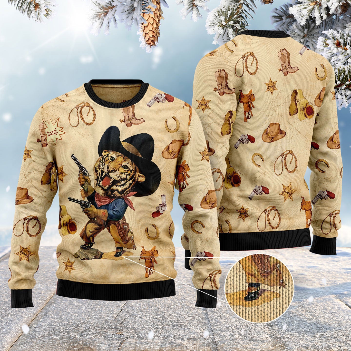 Cowboy Tiger Xmas Ugly Sweater – Christmas Outfits Gift – Ugly Christmas Sweater