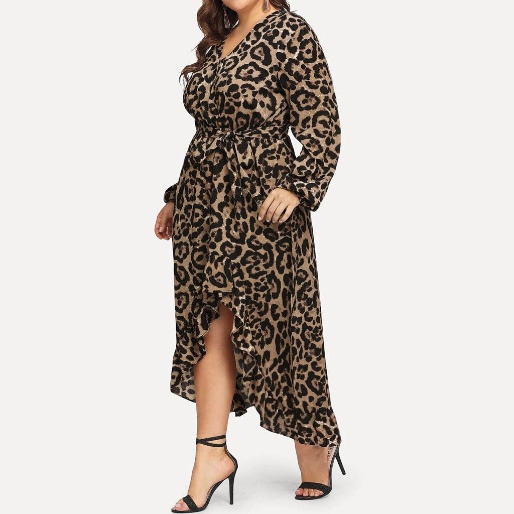 Casual V-Neck Long Sleeve Ruffles Bandage Leopard Dress