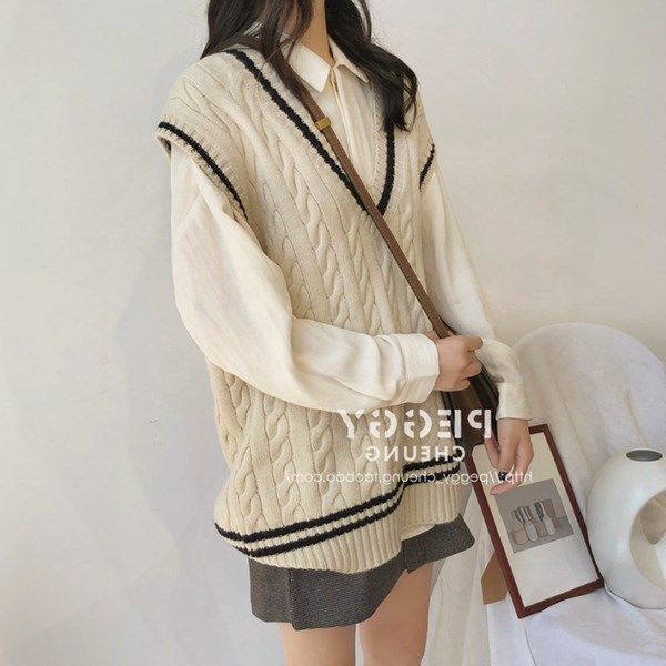 Sweater Vest Women Sleeveless Knitting Simple College Preppy Harajuku All-match V-neck Retro Spring Fall Female Teens Lady Chic alx