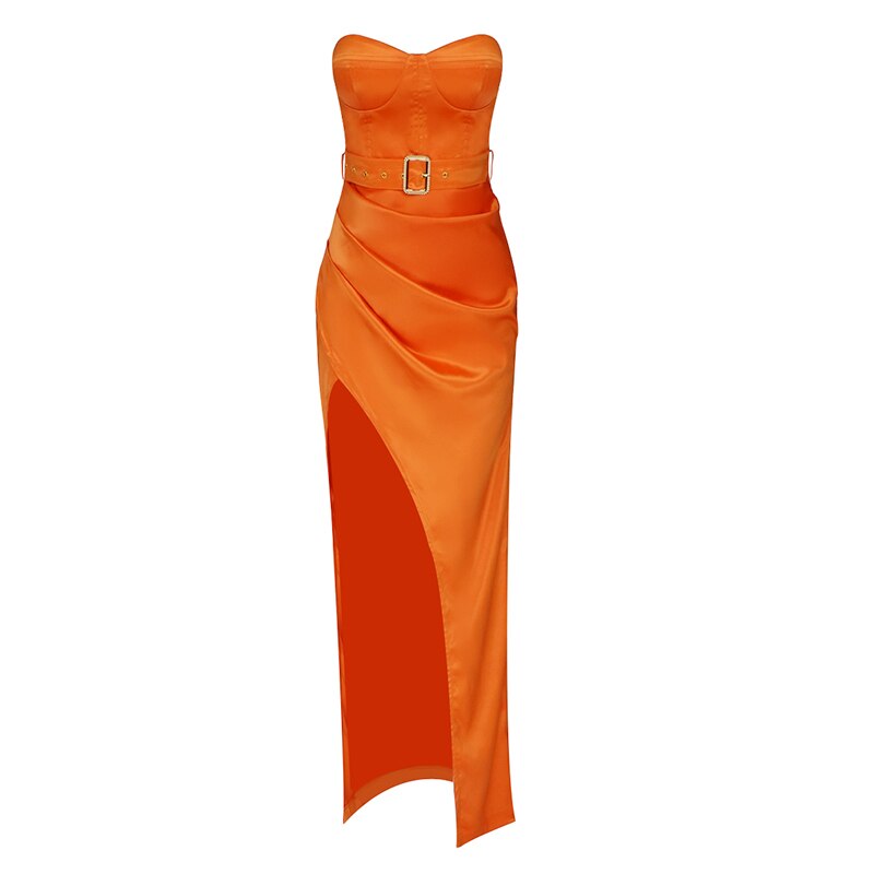 VC Women’s Long Dress With Draped Design, Belt Decoration, Sleeveless Tube Top, Side High Slit Satin Skirt alx