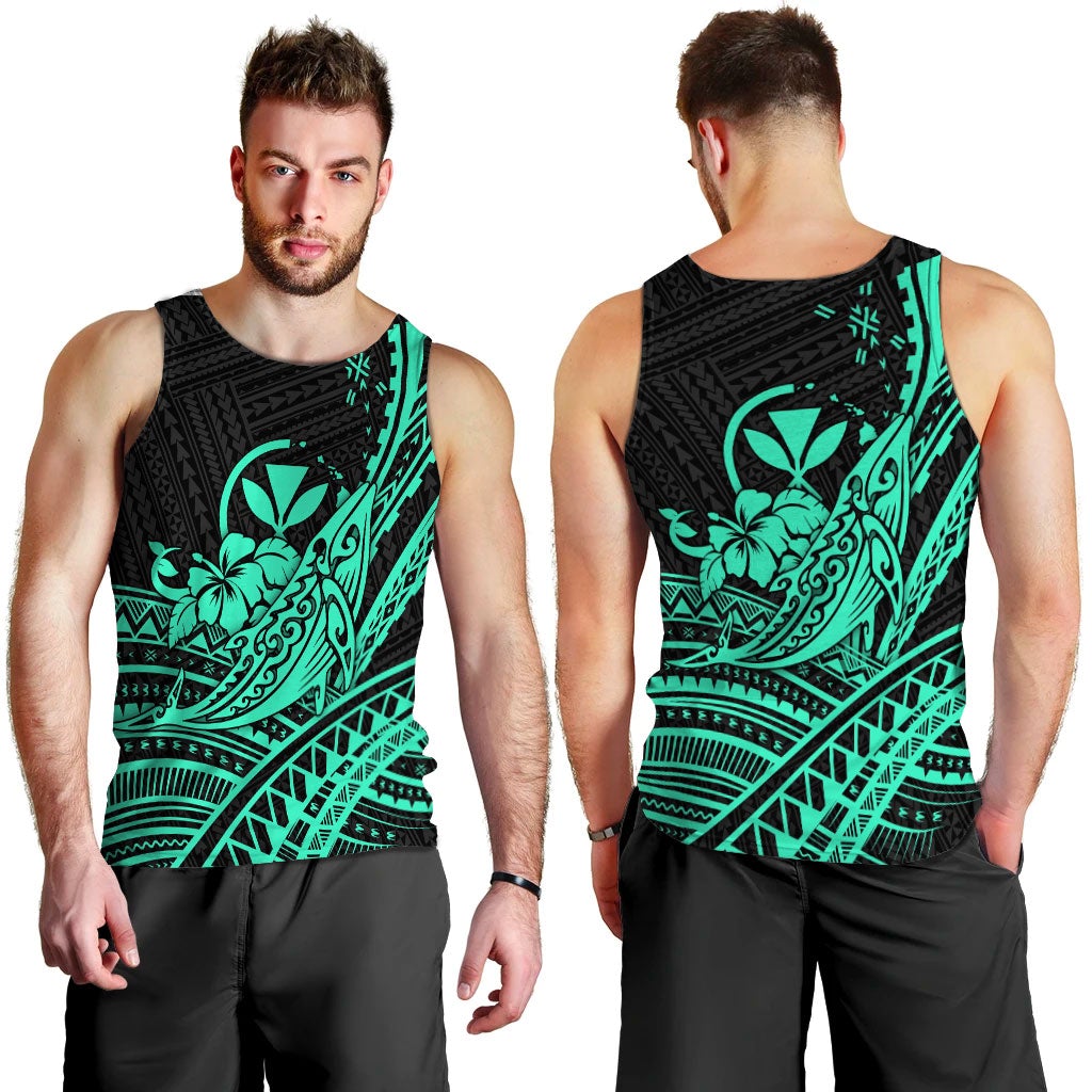 Hawaii Humpback Whale With Hibiscus Tribal Turquoise Men Tank Top Lt12