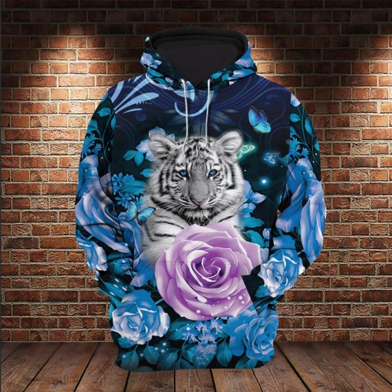 Beautifull White Tiger Butterfly All Over Printed Us Unisex Size Hoodie