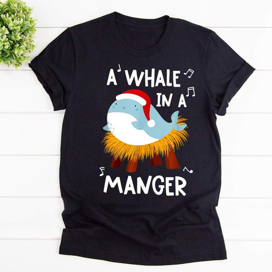 Funny christmas shark a whale in a manger pun xmas black cotton t shirt for men and women s-6xl