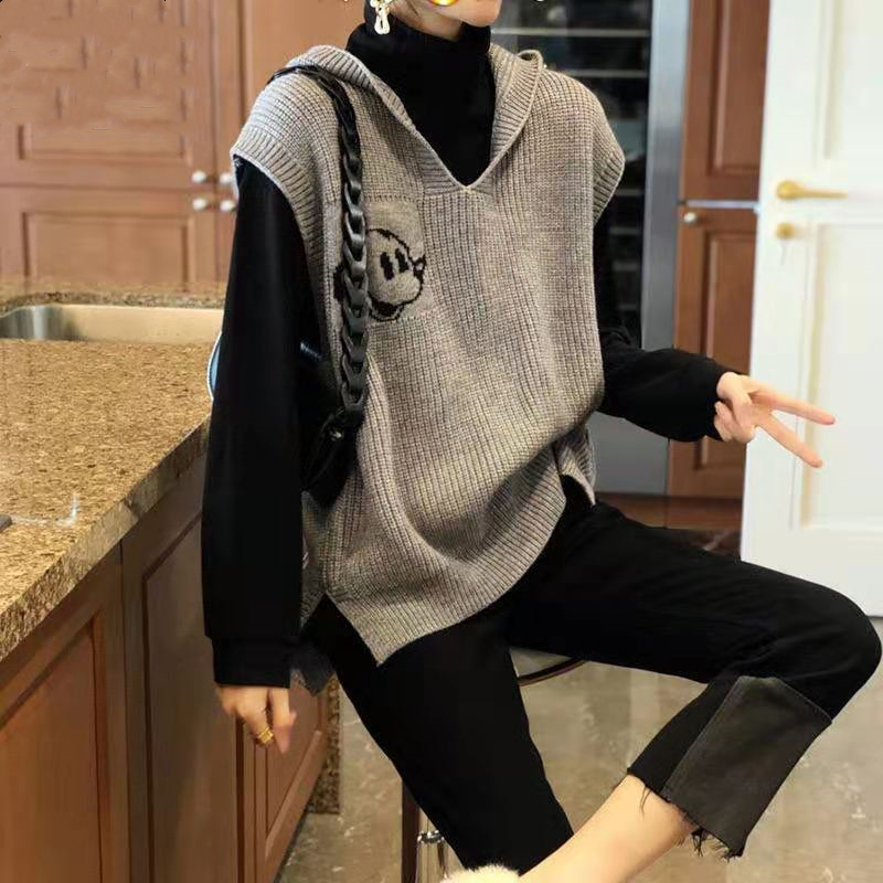 2023 New In Spring Autumn Women’s Sleeveless Sweater Fashion Open Fork Hooded Vests For Women High Quality Oversize Vest Female alx