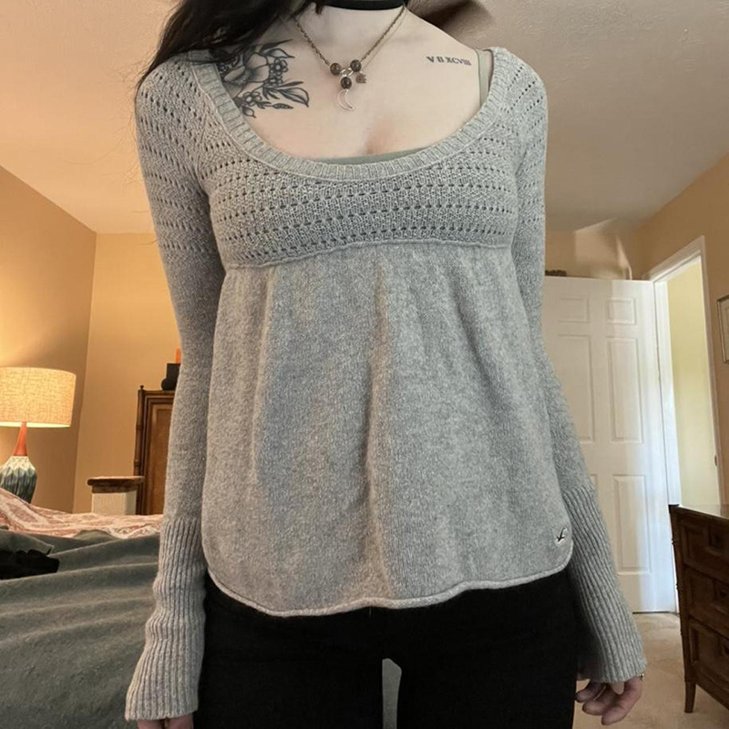 00s Retro Y2K Aesthetics Cute Milkmaid Tops Chic Women Vintage Gray Knitted Sweater Autumn Full Sleeve Pullovers Tees Knitwear alx