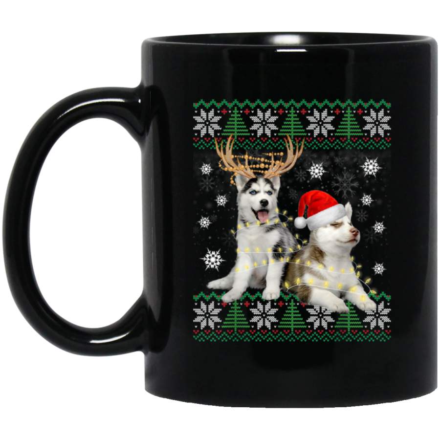 Siberian Husky Dog Ugly Christmas Puppy Xmas Pajamas Gift  11 oz 15 oz Mug Black