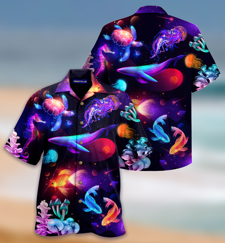 Waybackapparel Galaxy Universe Fishes Whale Turtle Golden Fish Sea Creature Neon Glow 3D Hawaiian Shirt