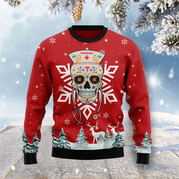 Sugar Skull Nurse Christmas Ugly Sweater | Unisex | Full Size | Adult | Colorful | US1543