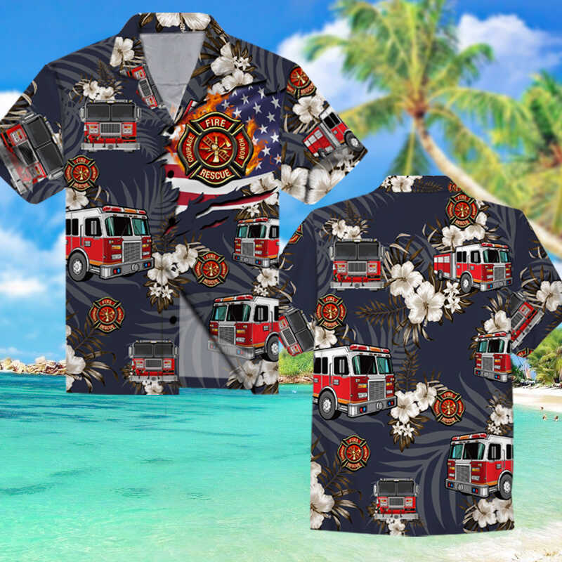 Fire Trucks And Flower All Over Print Hawaii Shirt Gift For Firefighter Ha10837