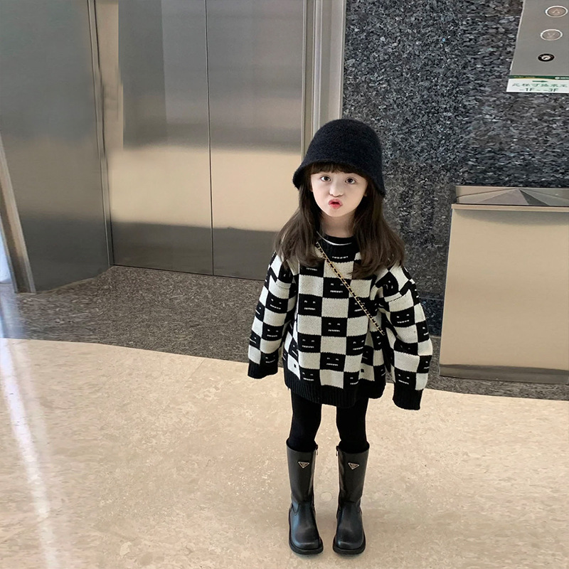 Children Clothing 2022 Autumn Winter Girl New Fashionable Korean Style Checkerboard Casual Simple Sweater Knitting Top for Kids alx