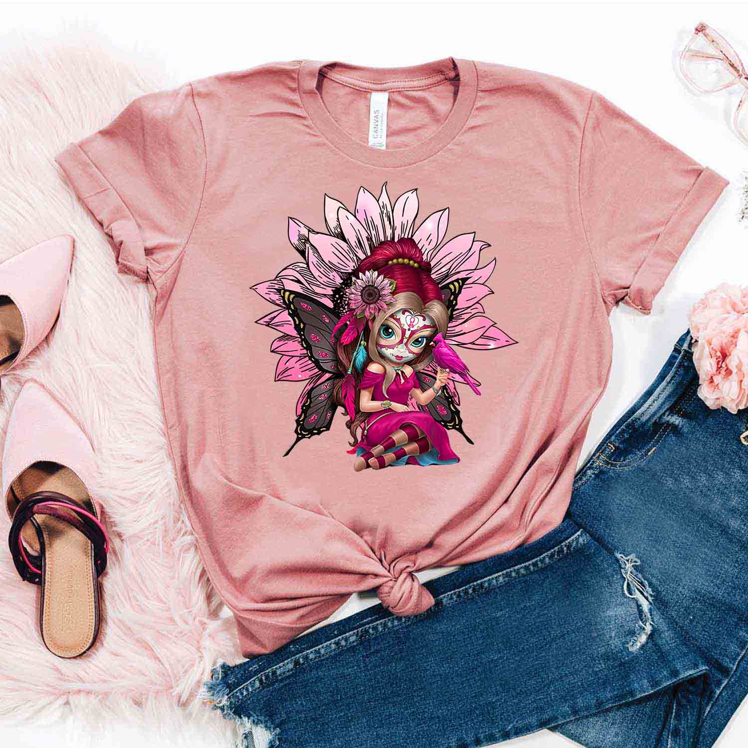 Cute Breast Cancer Girl Sugar Skull Costume Halloween Shirt – Breast Cancer Awareness T-Shirt Gifts For Mom Daughter Friends Hoodies Sweater Pink