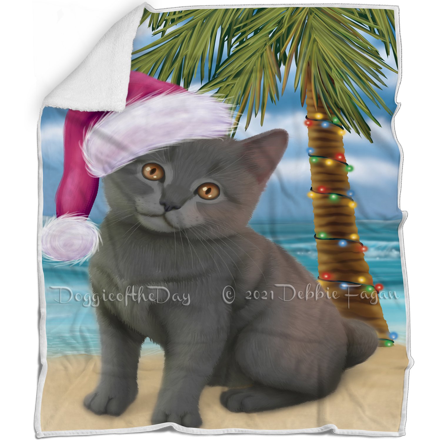 Summertime Happy Holidays Christmas Chartreux Kitten Cat On Tropical Island Beach Blanket D166