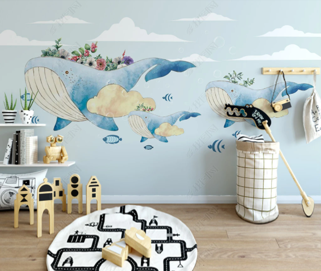 3D Hand Drawn Animal Whale Fish Floral Leaf Cloud Blue Wall Mural Wallpaper Lll 2772