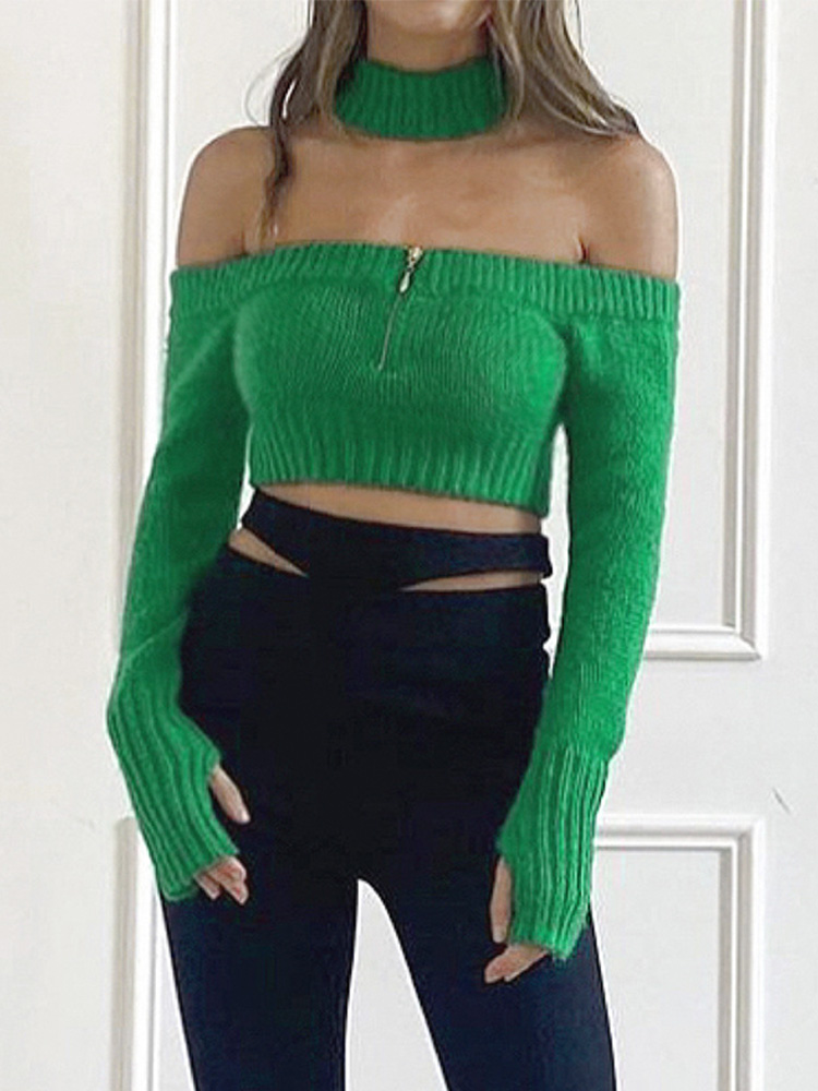 CNYISHE 2022 Fall Pure Color Knitted Cropped Sweater Women Sexy Sporty Fitness Tight Off Shoulder Sweater Female Zipper Crop Top alx