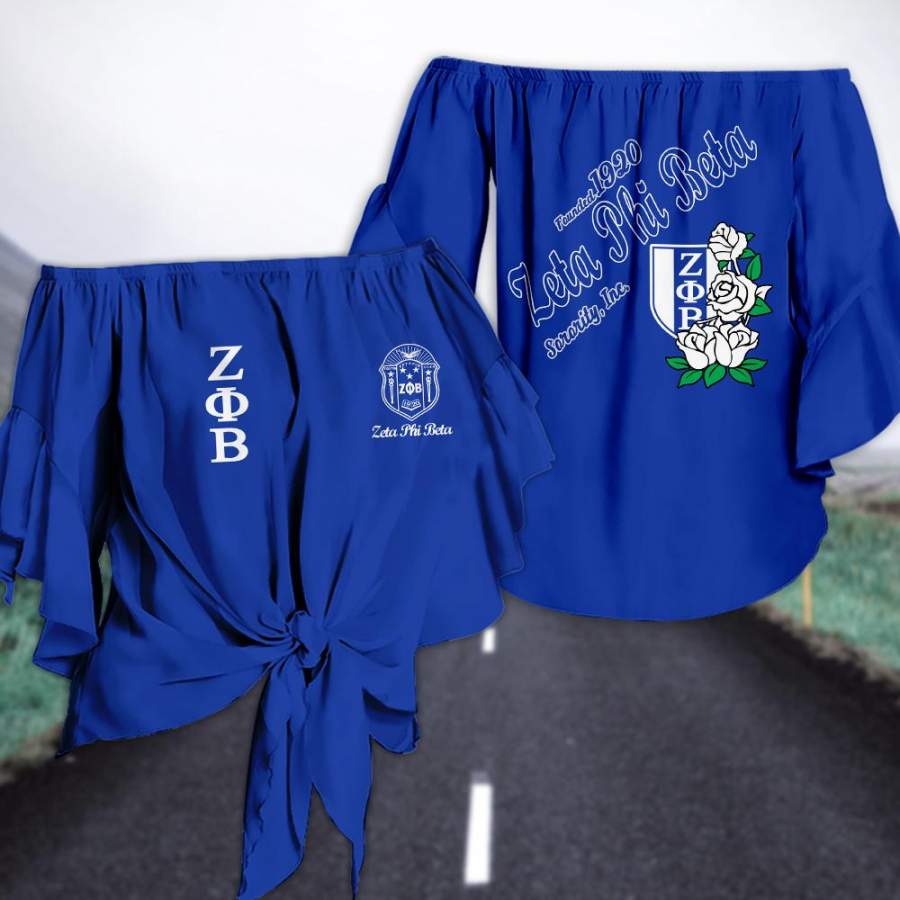 ZETA PHI BETA TIE KNOT OFF SHOULDER SHIRT