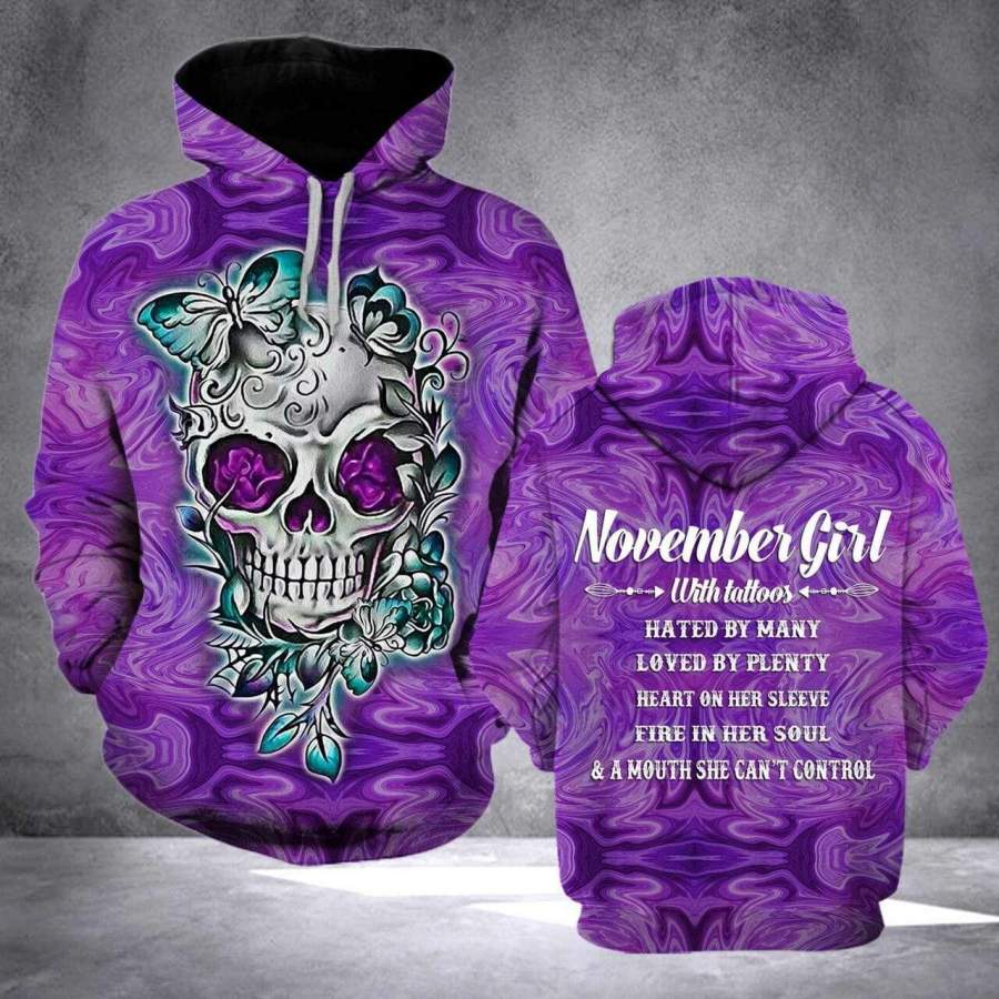 November Girl With Tattoos Birthday Hoodie 3D All Over Print Custom Month