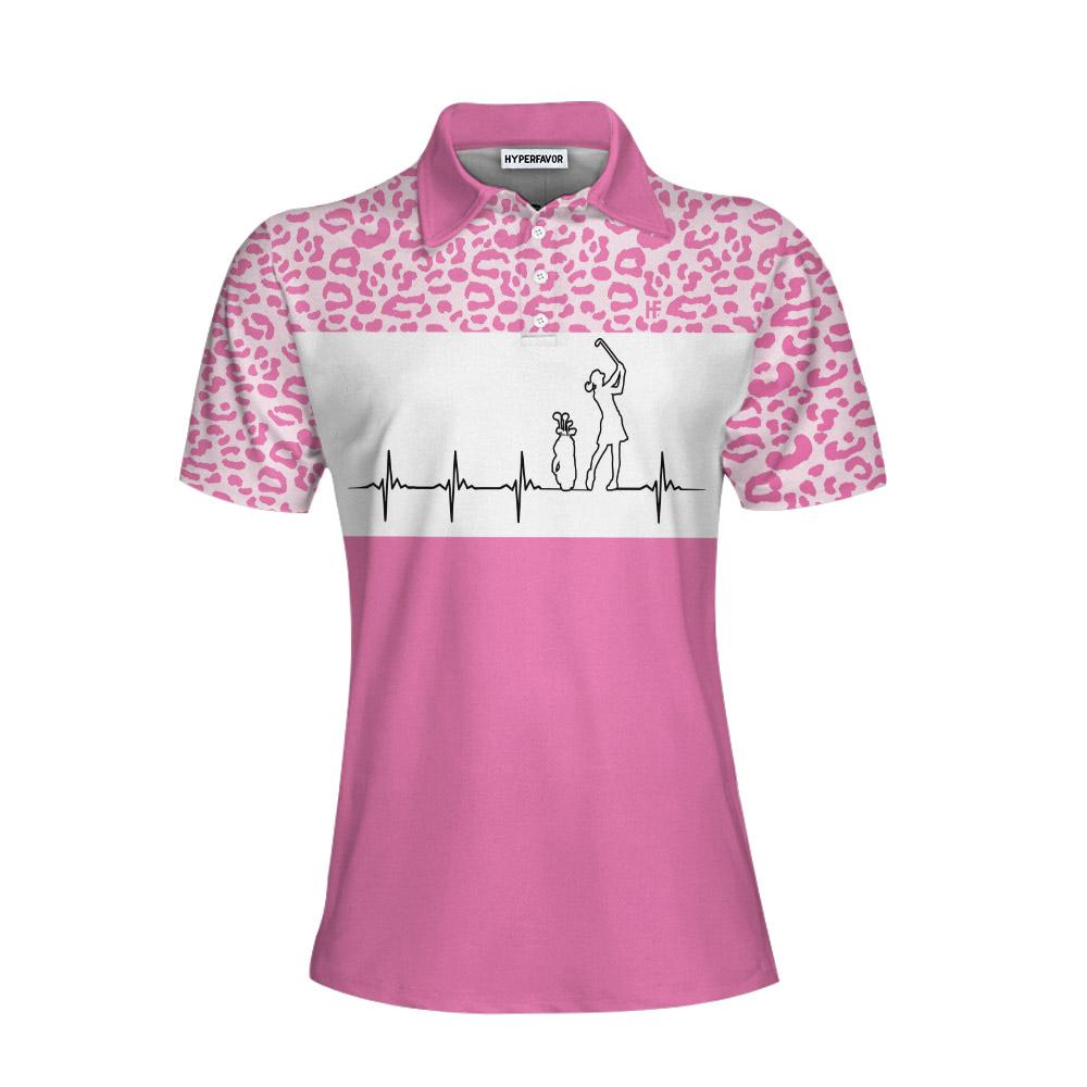 Pink Golfbeat Leopard Golf Short Sleeve Women Polo Shirt, Heartbeat Golfing Polo Shirt For Ladies