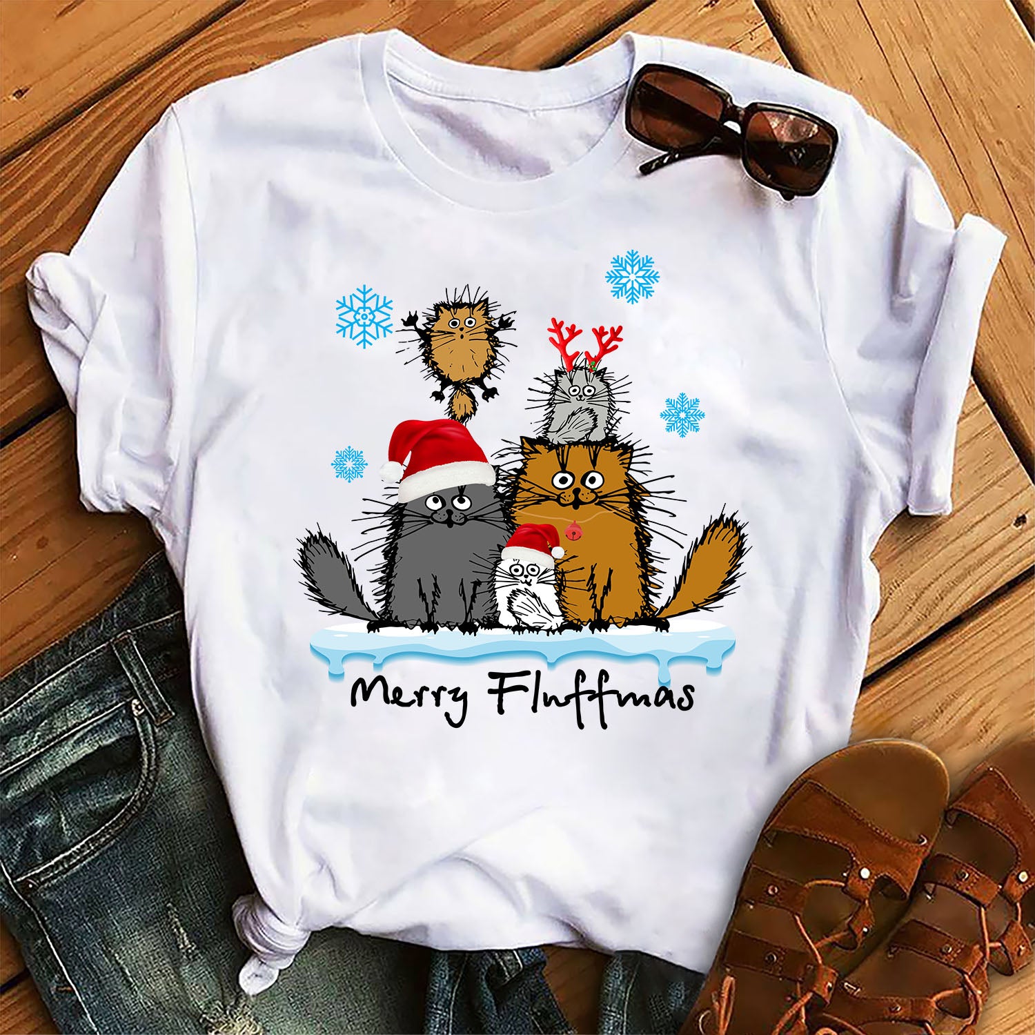 Merry Fluffmas Funny Cat Kitten Fluff Christmas Costume Graphic Unisex T Shirt, Sweatshirt, Hoodie Size S – 5XL