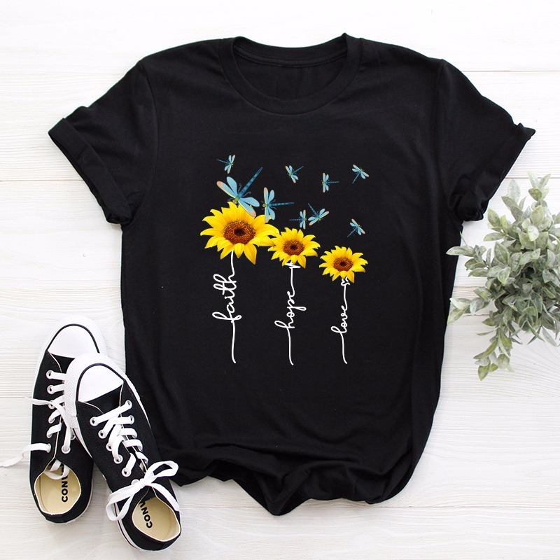 Summer Women T Shirt Cotton 5XL Versatile Flowers Dragonfly Print Short Sleeve O Neck Fashion Woman Tops Tees Casual Tshirts alx