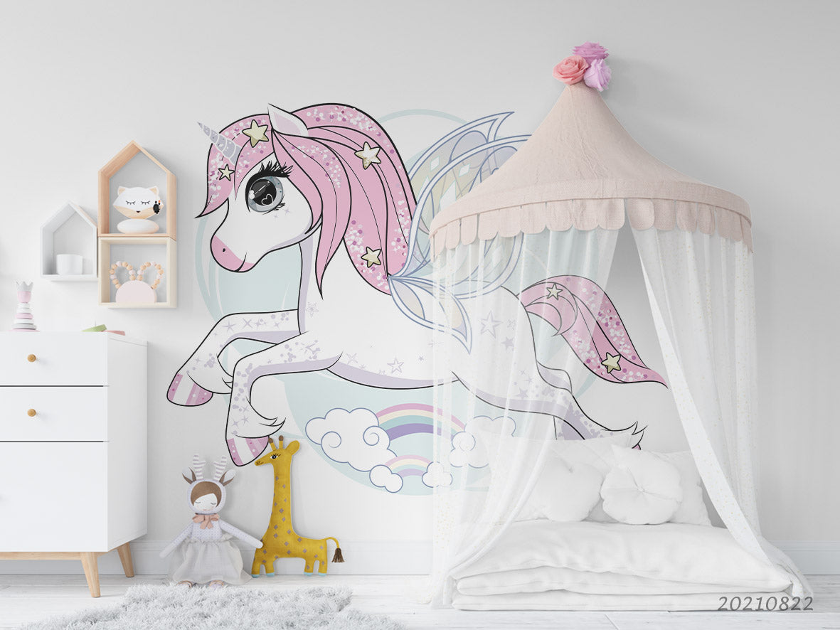 3D Cartoon Animal Unicorn White Wall Mural Wallpaper Lqh 422