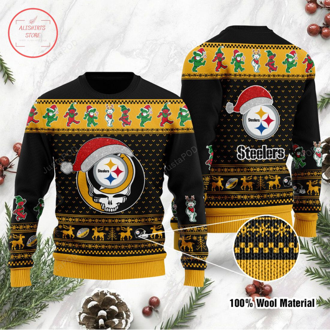 Pittsburgh Steelers Grateful Dead Skull And Bears Christmas Ugly Sweater