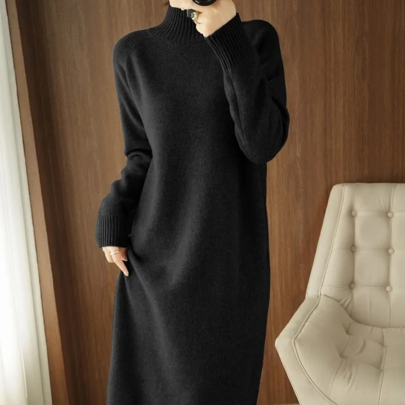 Autumn Winter 2022 New Sweater Dress Fashion Women Half High Neck Knitted Loose Soft Sweater Dress Female Long Jumper Pull alx