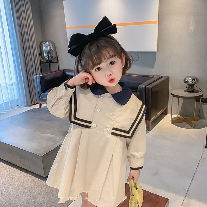 Spring Summer Girls’ Dress British Style Navy Collar Little Cute Long-Sleeved Student School Dress Baby Kids Children’S Clothing alx