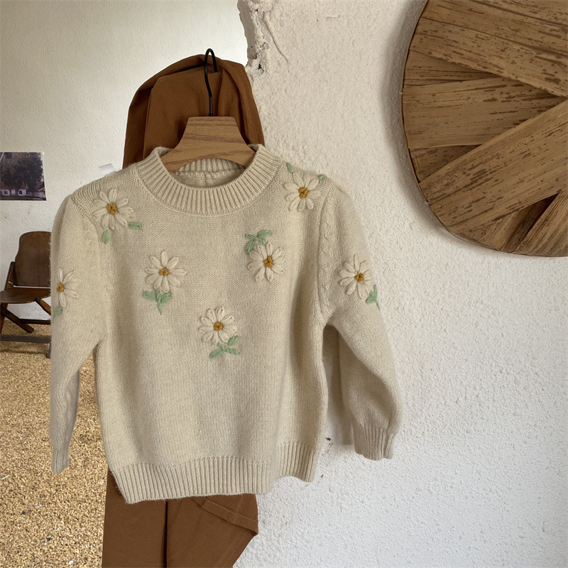 Teenmiro Kids Girls Daisy Knitwear Winter Teenager Embrodiery Flowers Pullover Sweater Toddler Knit Wear Children Knitted Tops alx