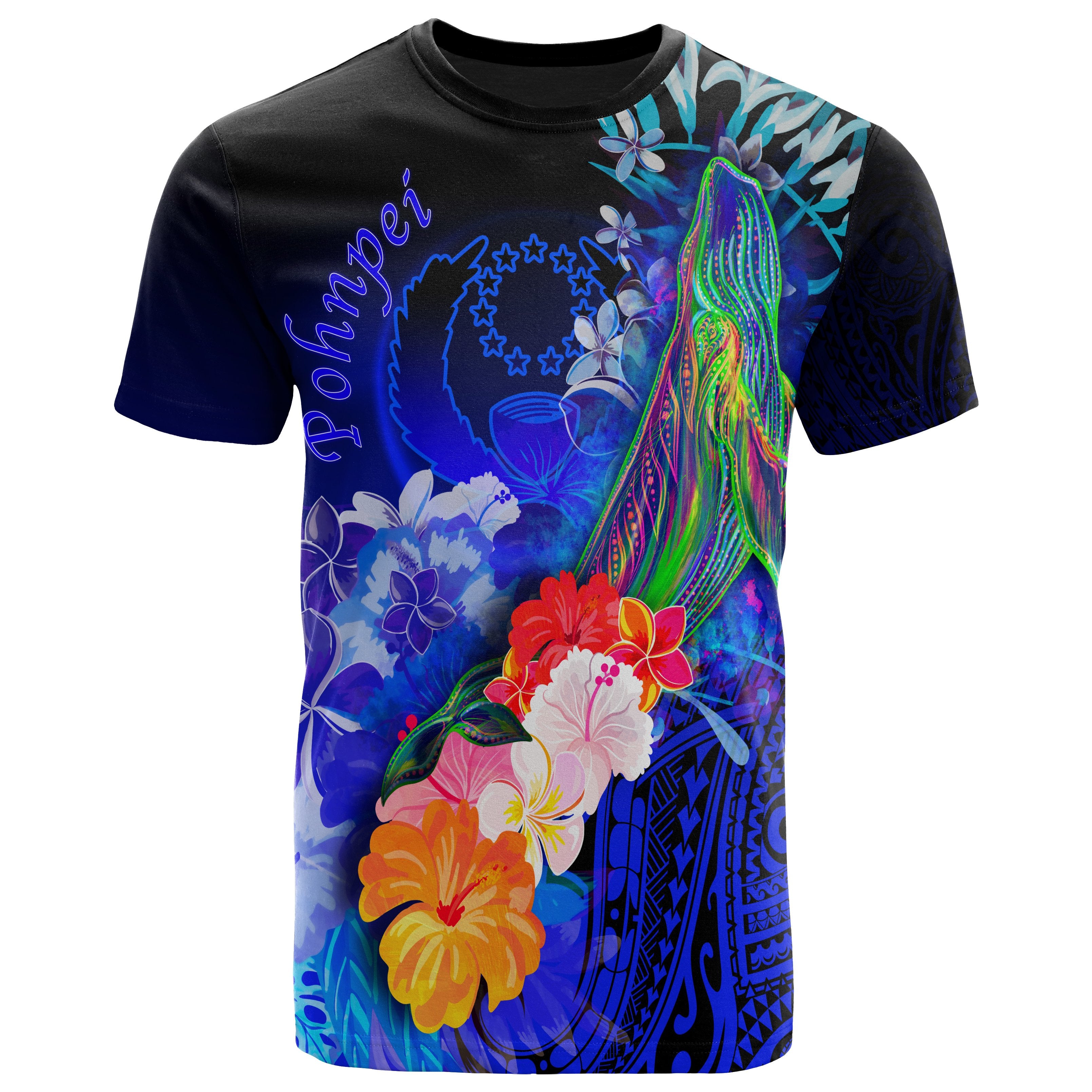 Pohnpei T-Shirt – Humpback Whale With Tropical Flowers (Blue)