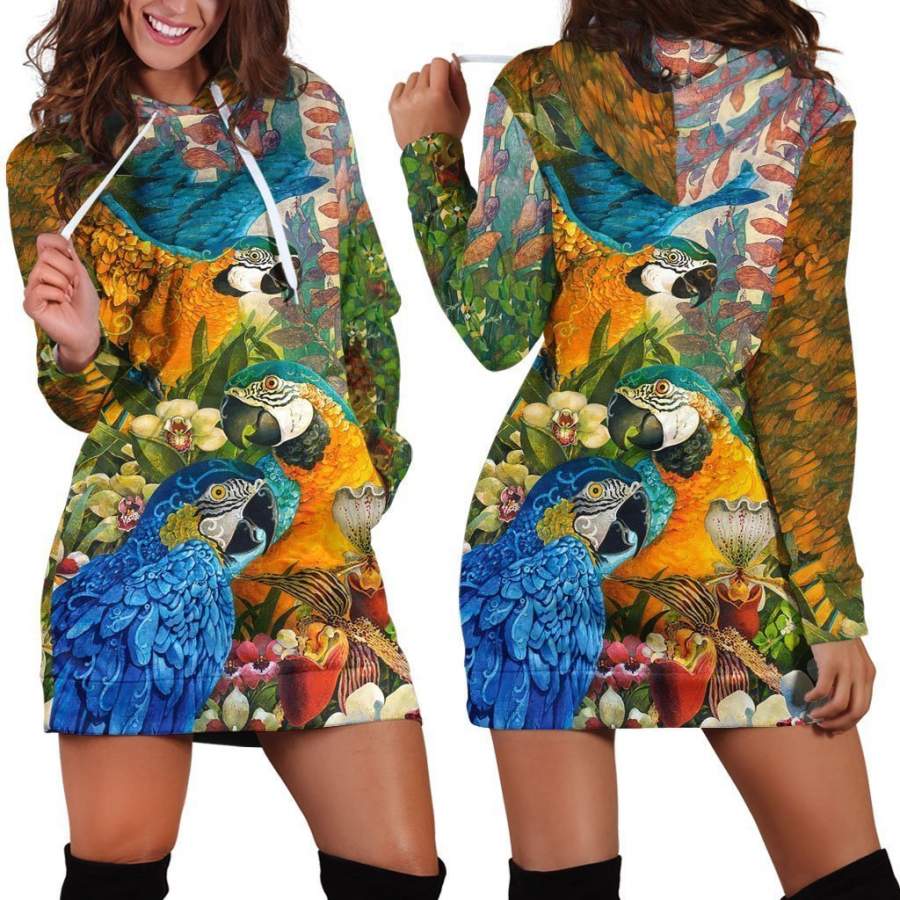 All Over Printed Parrots Hoodie Dress H1200B