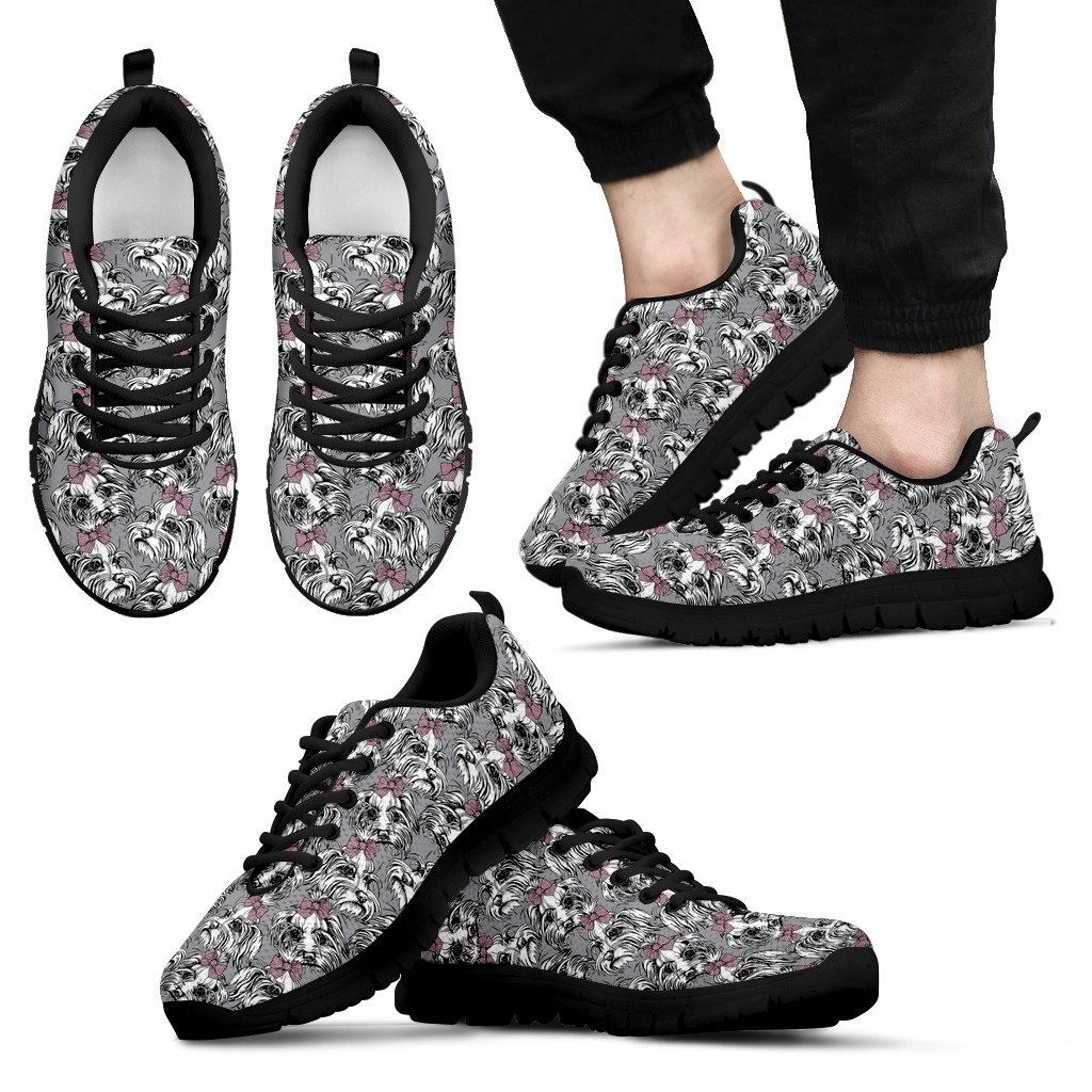 Maltese Puppy Dog Pattern Print Black Sneaker Shoes For Men Women