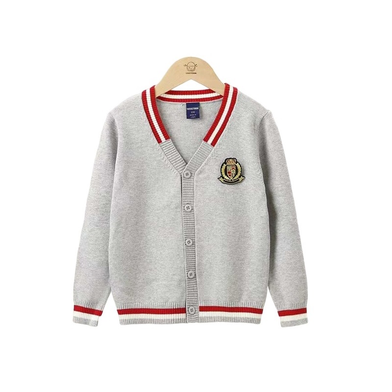 2022 British Kids Cardigan 100% Cotton Young Children Bear Badge Sweater Knitted V-neck Solid Color Little Boys School Clothing alx